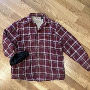 Wrangler Shirt Jacket Mens L Red Long Sleeve Plaid Casual Flannel Fleece Lined